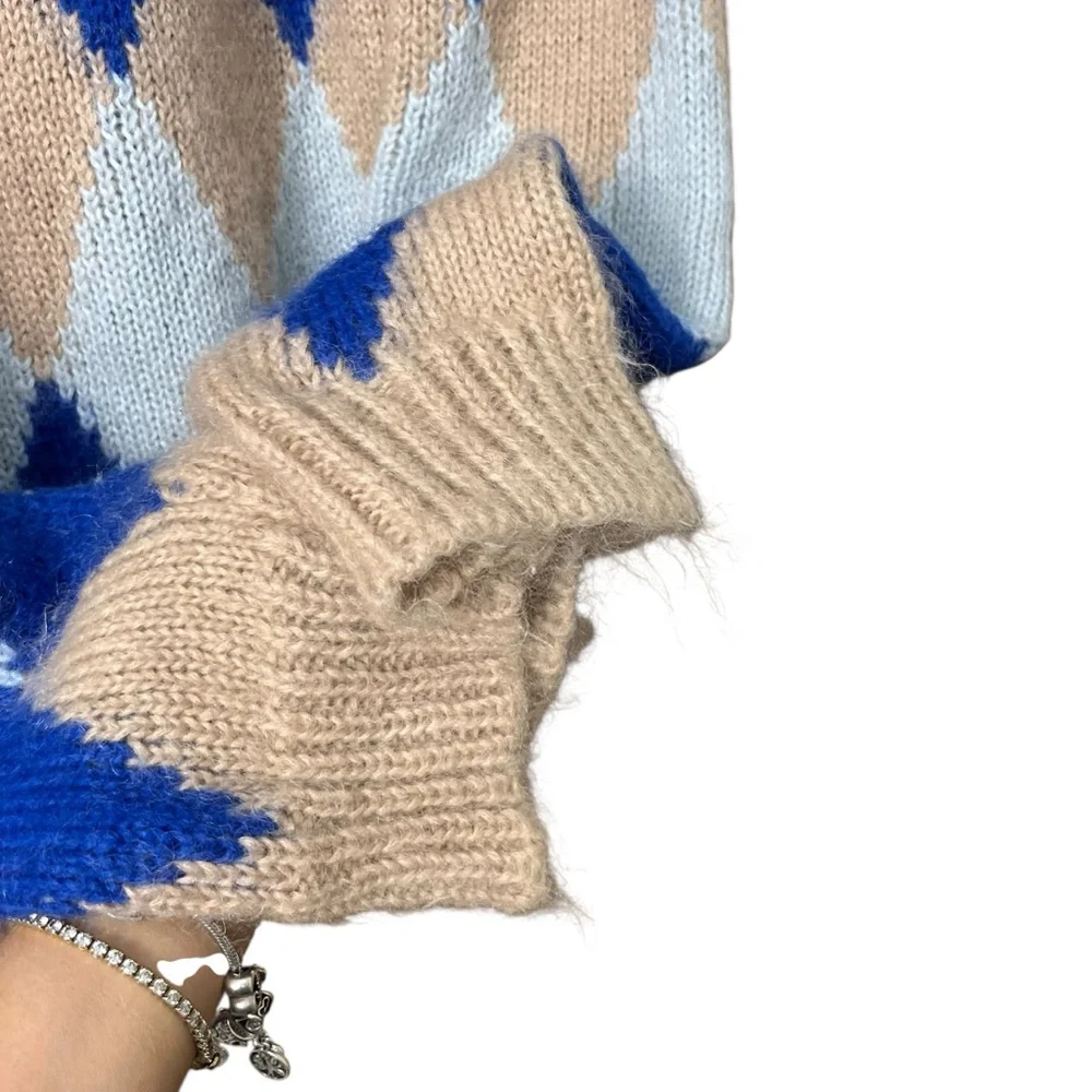 Tory‎ Burch Libby Argyle Turtleneck Diamond Color block Blue Beige Size Large